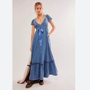 Free People Blue Flutter Sleeve Tiered Maxi Dress